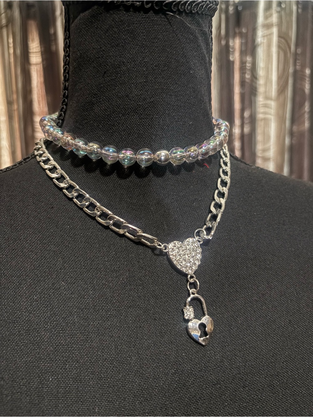 Silver Heart Padlock Pendant Necklace with Iridescent Bead Choker